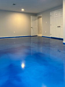 Bright Blue Metallic Epoxy Flooring Used In A Residential Basement. Monmouth Junction, Nj. Lumiere By Duraamen. 2251