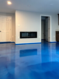 Bright Blue Metallic Epoxy Flooring Used In A Residential Basement. Monmouth Junction, Nj. Lumiere By Duraamen. 2252