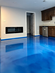 Bright Blue Metallic Epoxy Flooring Used In A Residential Basement. Monmouth Junction, Nj. Lumiere By Duraamen. 2253