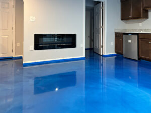 Bright Blue Metallic Epoxy Flooring Used In A Residential Basement. Monmouth Junction, Nj. Lumiere By Duraamen. 2255